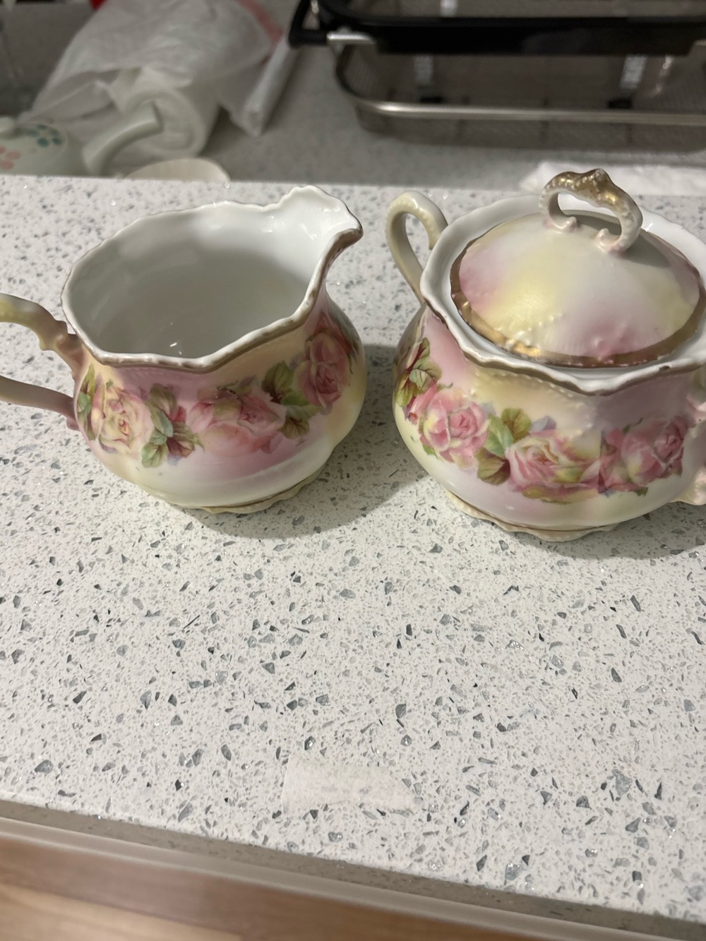 Vintage Floral Porcelain Creamer and Sugar Set - Pink and Gold